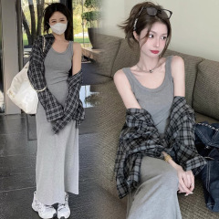 早秋大码茶系穿搭套装吊带连衣裙背心长裙休闲套装