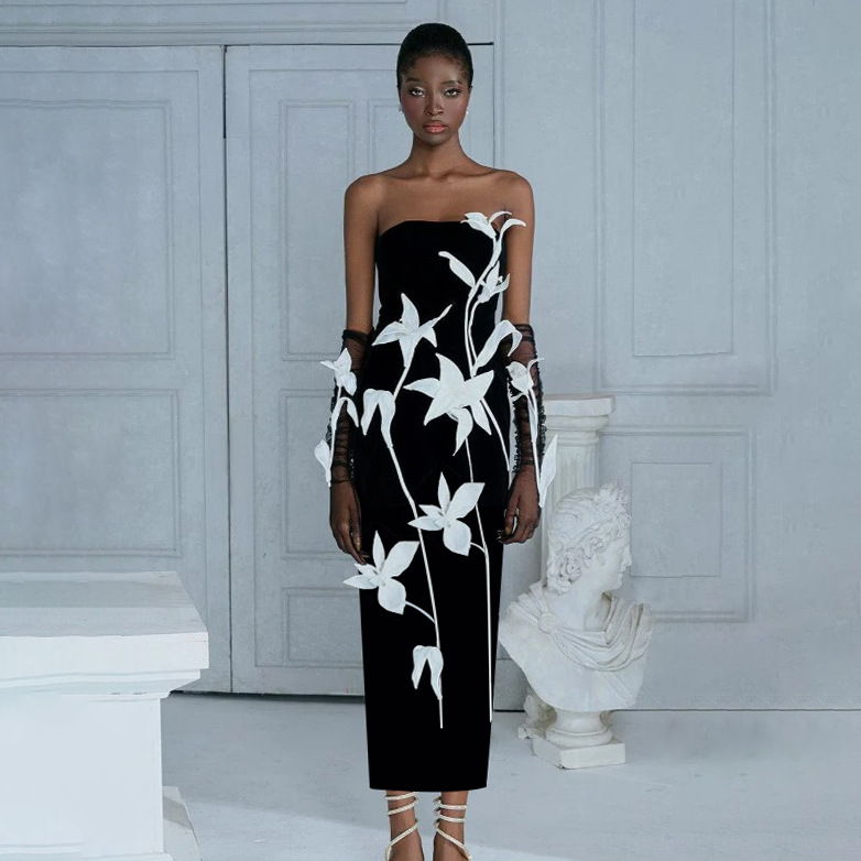 European and American Cross-Border Women's Clothing Tube Top One-Shoulder Three-Dimensional Flower Long Bandage Skirt Light Luxury Evening Dress Women's High-End