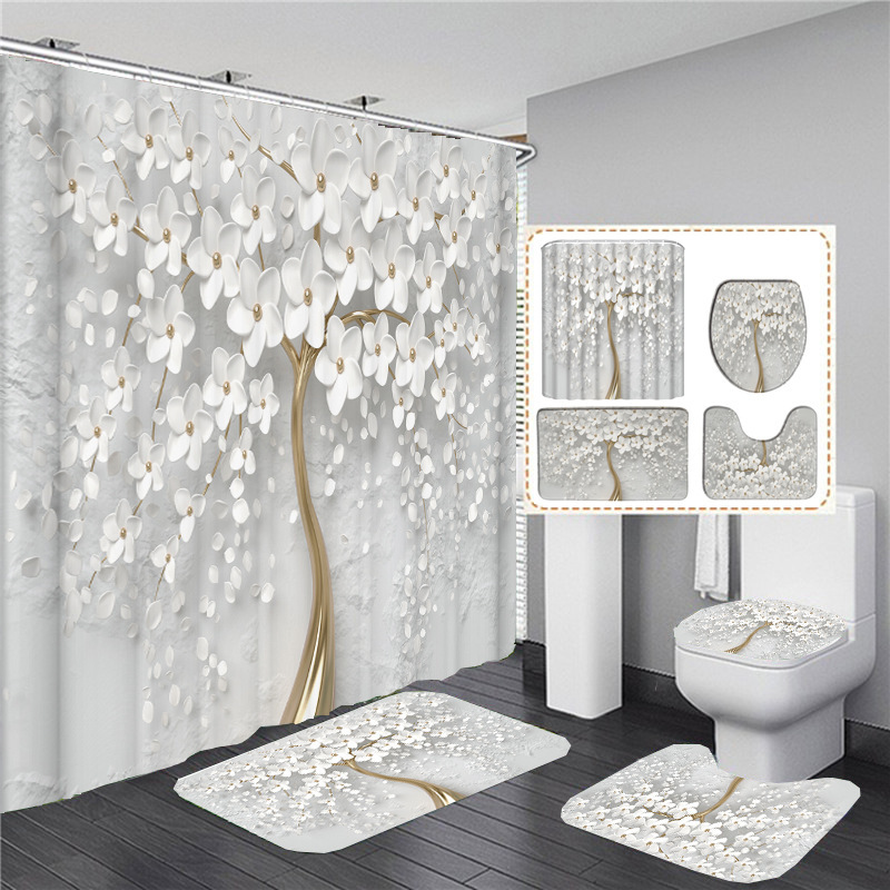 Elegant bouquet magical white flowers 3D style shower curtain bathroom curtain bath blanket carpet set floral home