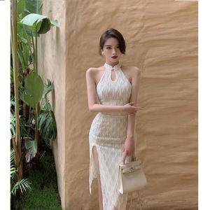 Waist style slit long dress lace