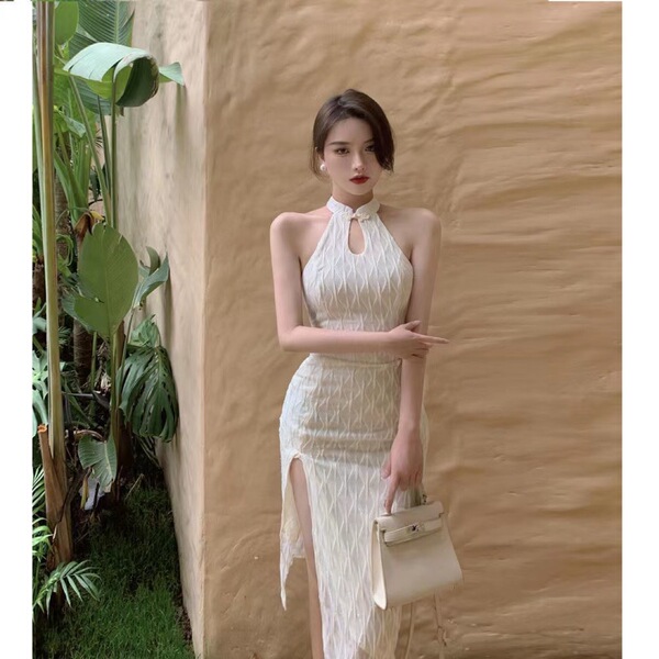 Waist style slit long dress lace