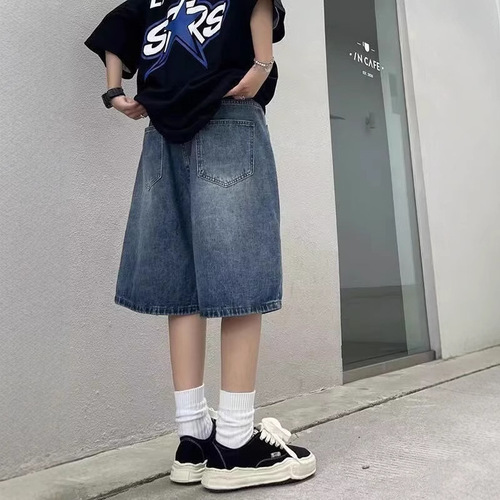 American-style washed denim shorts for men, summer trendy brand, Hong Kong-style retro loose casual wide-leg five-pocket pants