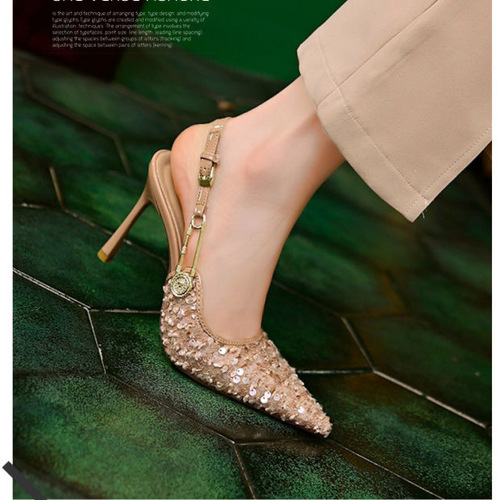 Ladies' Sparkling Fabric Platform High Heels with Pointed Toe and Thin Heel, Casual and Fashionable, Spring and Summer One-Buckle Pair with Dress, Evening Shoes and Single Shoes