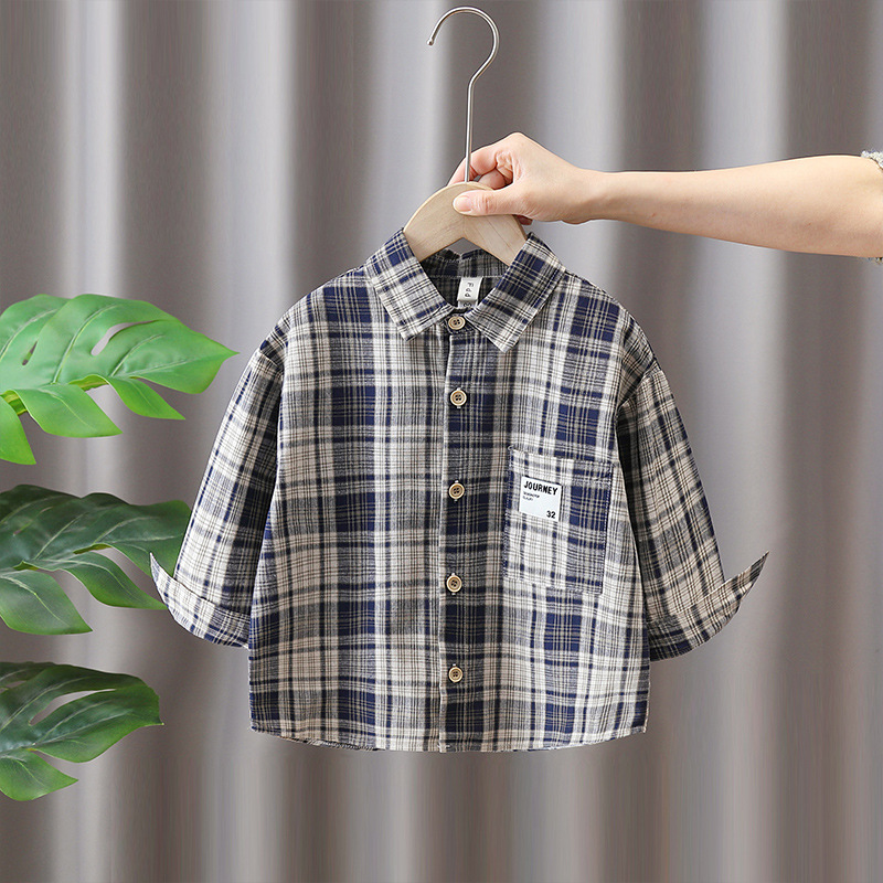 7817 Ropa para niños Camisa de primavera y otoño para niños 2025 Nueva camisa a cuadros para niños Camisa de manga larga de primavera para bebés