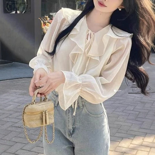 New spring and summer long-sleeve chiffon blouse for women, French-style sweet and loose shirt with ruffle trim