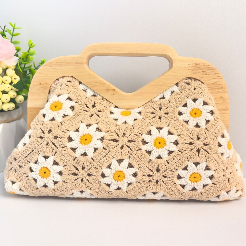 Ready-Made Handmade Pure Cotton Exquisite Pattern Crochet Bag Cut Out Woven Bag Women's Bag Knitted Handbag Crochet