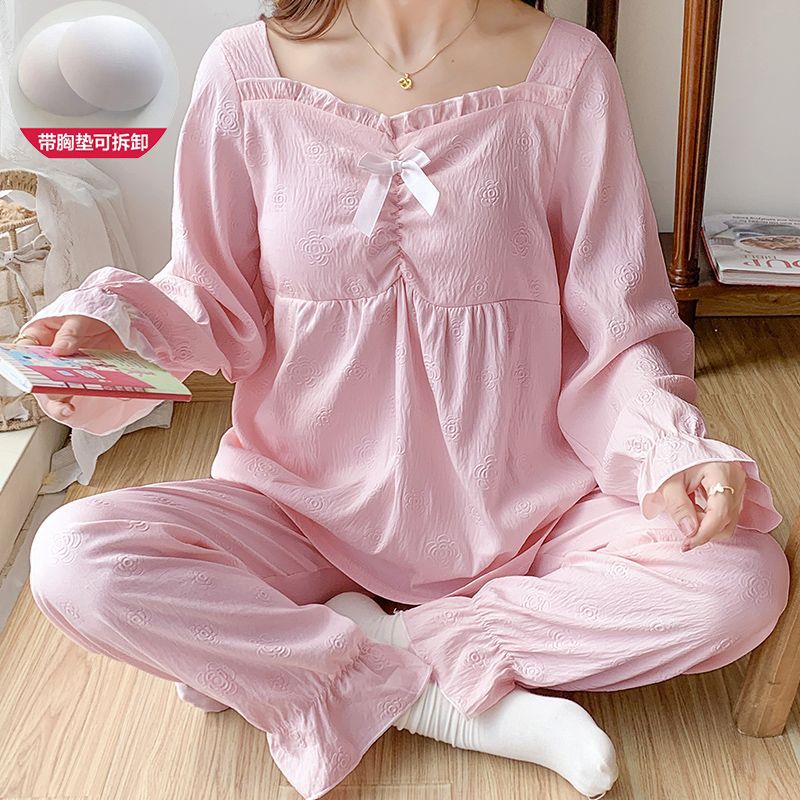 Pijama con cojín de pecho para mujeres primavera y otoño nuevo algodón nubes mangas largas pijama largo mediano dulce princesa ropa de estilo doméstico se puede usar fuera