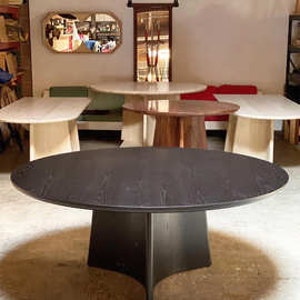 中古风圆形实木大餐桌北欧风格简约侘寂风原木会议桌洽谈桌大圆桌