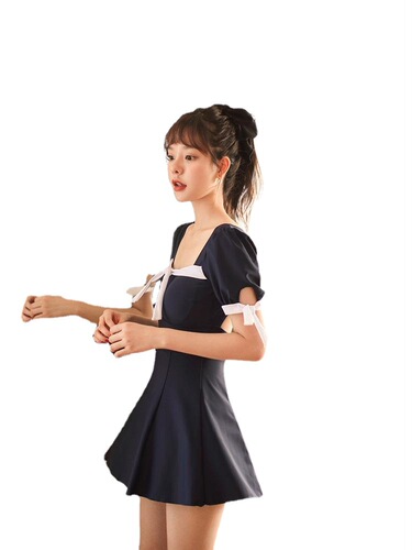 Korean ins sexy fairy style one-piece skirt style slimming belly-covering half-sleeve student cute  new swimsuit for women