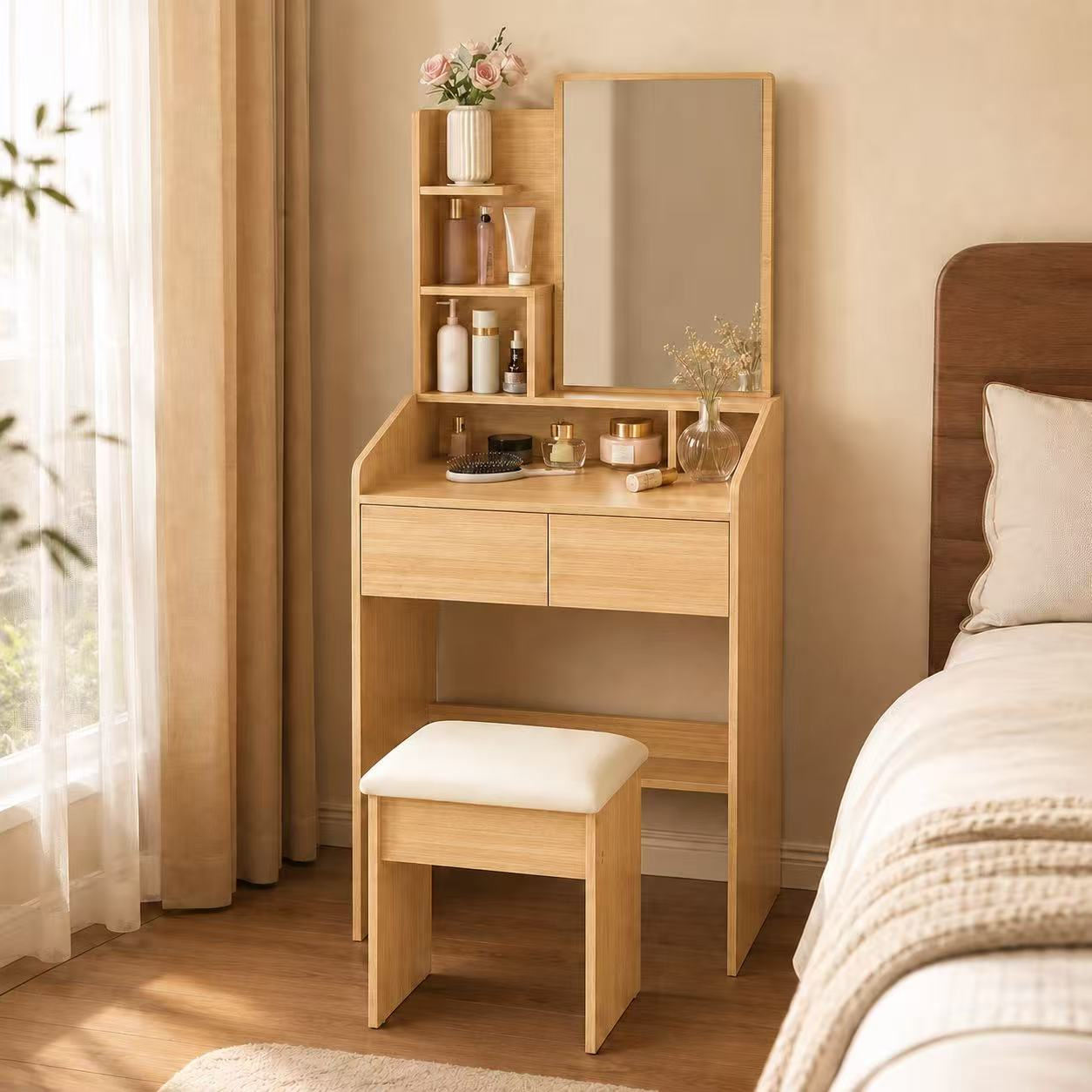 Mesa moderna minimalista, mesa de maquillaje de estilo de crema, dormitorio, mini tocador, alquiler de casa, gabinete de maquillaje en uno image 43