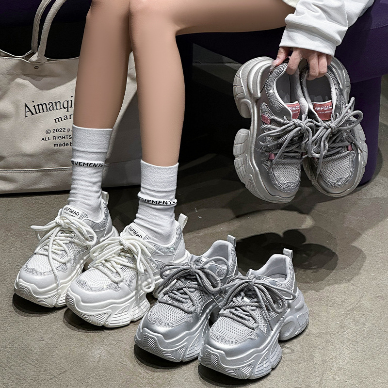 silver Thick-soled Joker Torre Shoes Women's 2025 Spring New High Height Platform Women's Shoes Small Rhinestone sneaker