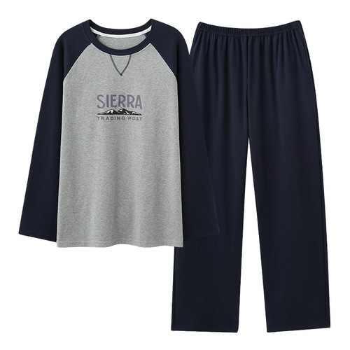 Men's Spring and Autumn New Long-Sleeve Long-Pant Two-Piece Set, Loose Plus Size Fall Pajamas with Round Neck, Wearable Outside Home Clothes