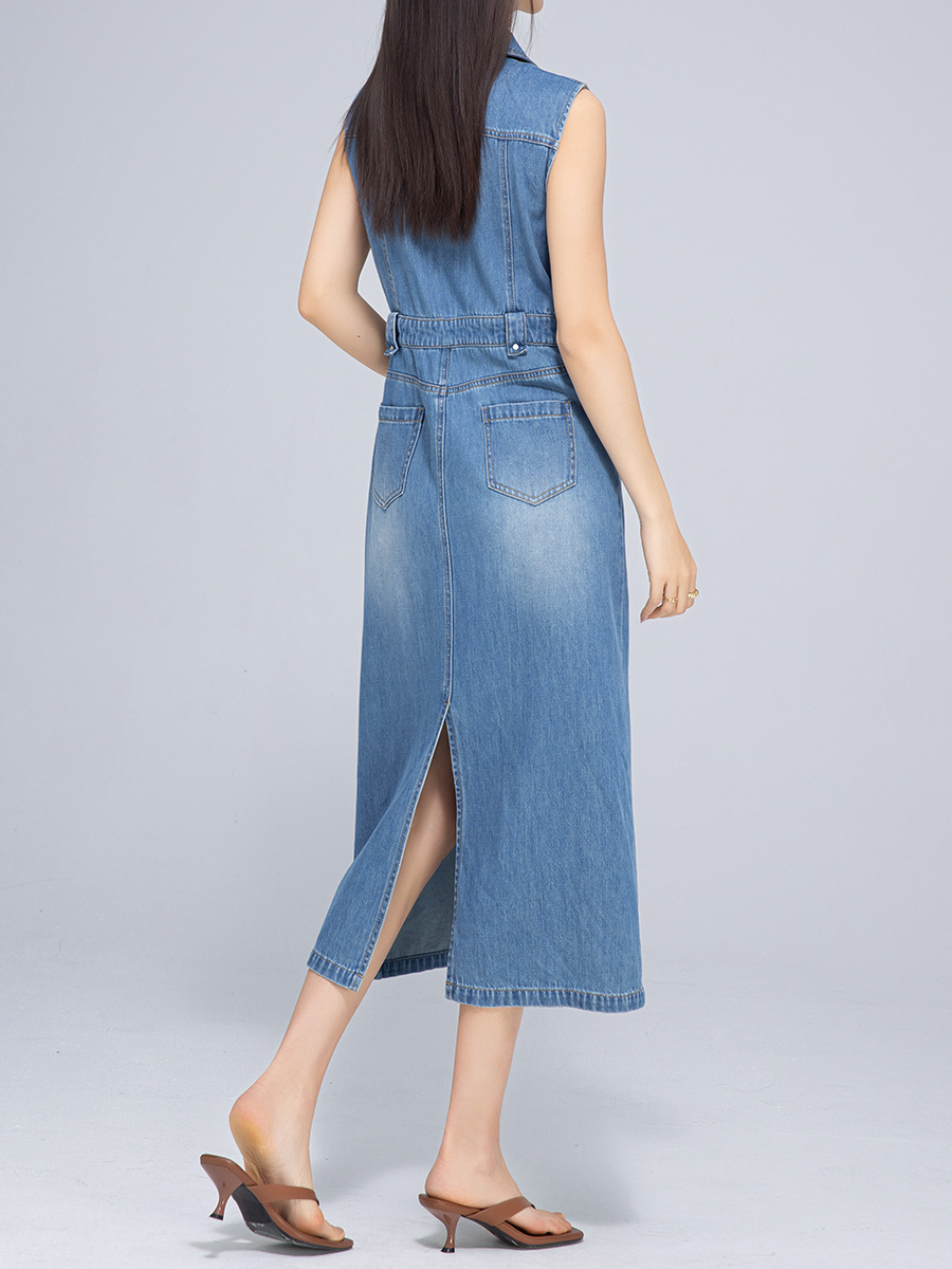 Váy denim cổ điển dáng dài không tay, thắt eo tôn dáng — Xanh lam hoài cổ