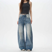 美式复古竹节纹牛仔裤男痞帅宽松休闲高级感裤子情侣弯刀裤潮