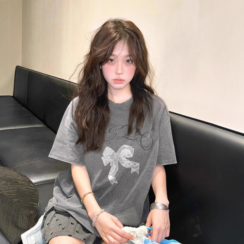 Gray Short-Sleeved T-Shirt for Women Summer New Niche Design Bow Print Small Korean Style Top Ins