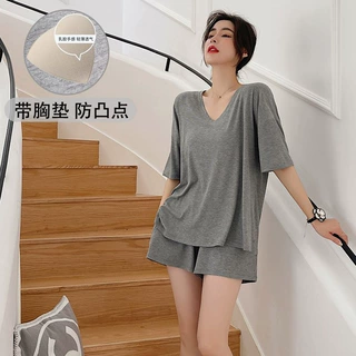 新品夏季带胸垫 睡衣女V领可爱家居服薄款短袖+短裤套装外穿 仿棉