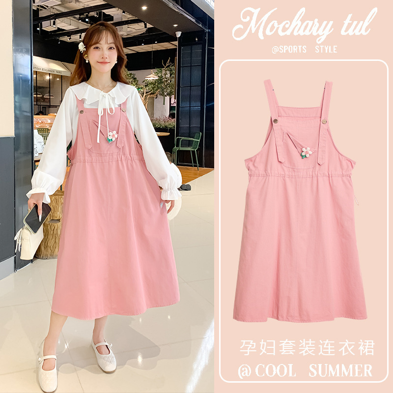 Real Shot of the 2025 Autumn New Maternity Cute and Stylish Pure Cotton Thickened Suspender Skirt Two-Piece Set in Pink and Sky Blue