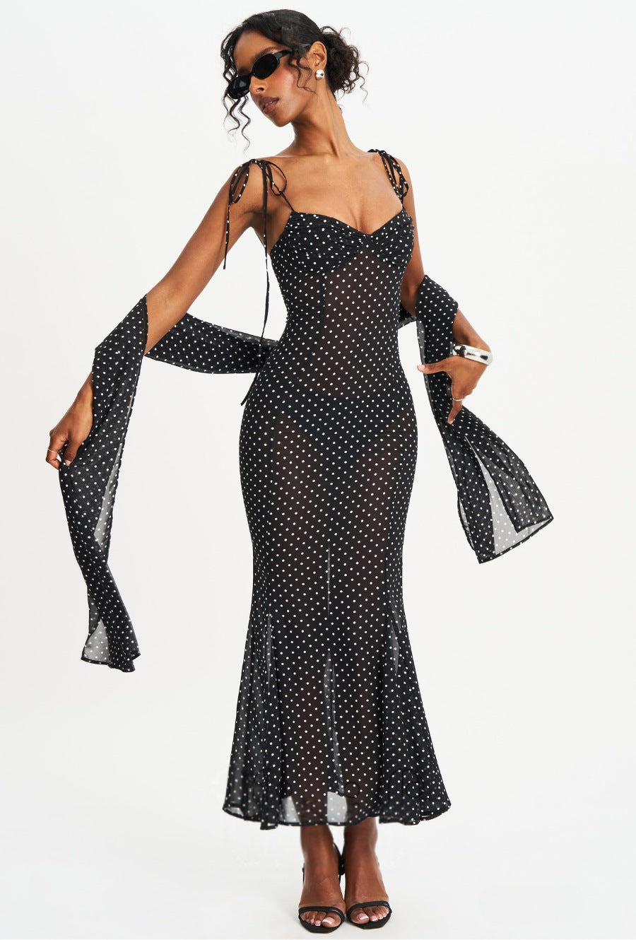 Women Elegant Spaghetti Strap Polka Dot Print Backless Dress Stylish Scarf Decor Slimming Party Vacation Dress_ecoleips.com