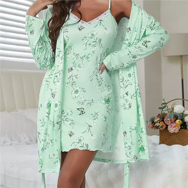 Cross-Border Amazon Foreign Trade Printed Camisole Nightgown and Long-Sleeved Robe Two-Piece Set, Casual and Comfortable Loungewear Wholesale
