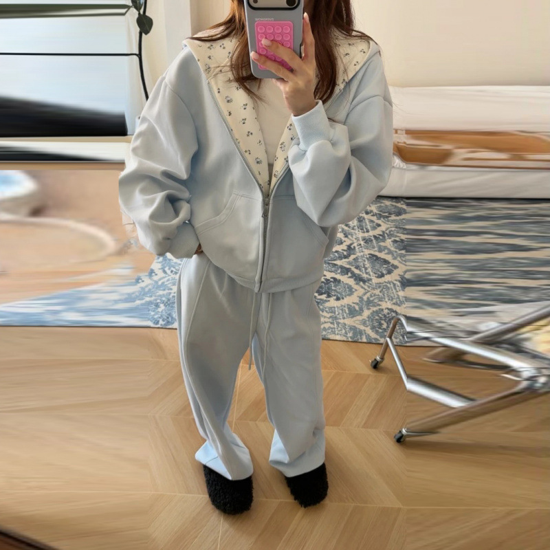 9081秋季新款松弛感宽松休闲连帽外套+垂感直筒阔腿卫裤套装