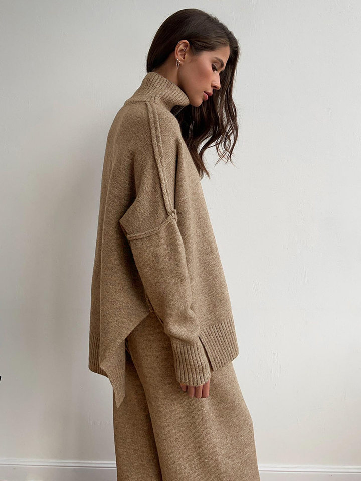 Bộ áo len cổ cao dài tay kèm quần dài dệt kim dày dặn form rộng — Màu camel, Màu cà phê, Màu xanh lục đậm, Màu xám đậm chi tiết 31