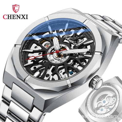 CHENXI/Morning Skeleton Men's Fully Automatic Mechanical Watch Cross-Border Luminous Waterproof Steel Band Mechanical Watch