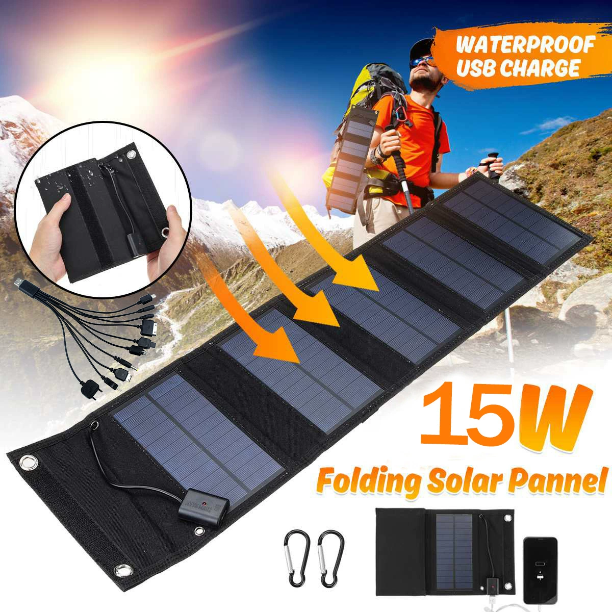 Folding Solar Panel Charger 12W, Portable 5V USB, Compact Foldable 700×185 mm
