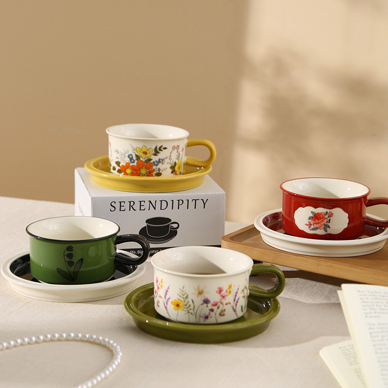 復古花朵水杯陶瓷杯家用下午茶杯馬克杯輕奢高級感咖啡杯一杯一碟