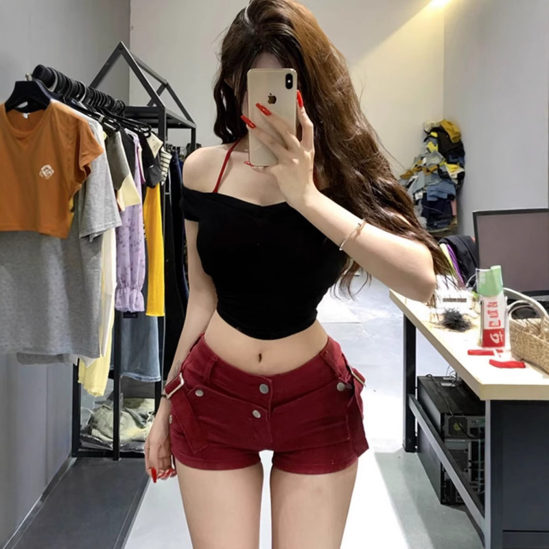 Hot Girl Burgundy Hot Girl Denim Shorts Women's Hip-Hugging Elastic Tight Hot Shorts Petite Summer Hot Shorts
