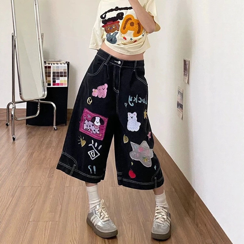 Black High-Waisted Straight-Leg Cropped Jeans for Women, Summer High-Street Denim Cropped Pants, Wide-Leg Slimming Pants for Women