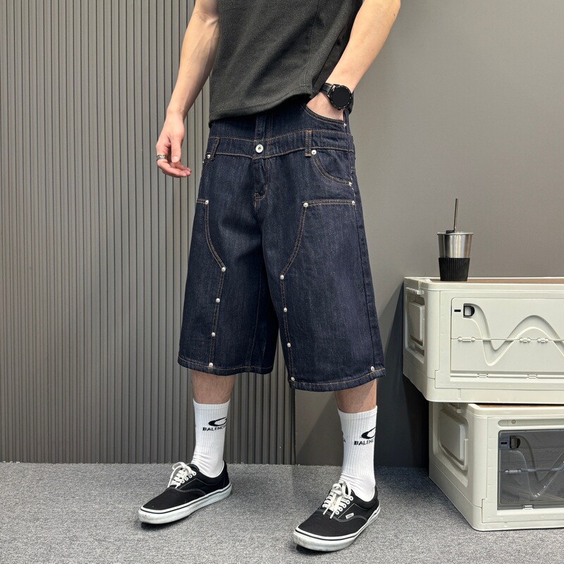 Street-Style Double-Knee Raw Denim Shorts for Men and Women, with Rivets, Double Waistband, Loose Fit, Mid-Length, Lumberjack Pants, Summer Thin Style