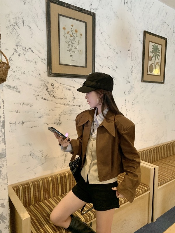 美拉德套装假两件条纹衬衫女秋季咖色麂皮绒外套夹克短上衣两件套|undefined