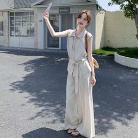 浅杏色简约无袖马甲阔腿裤套装女夏2026设计感蕾丝拼接马甲两件套