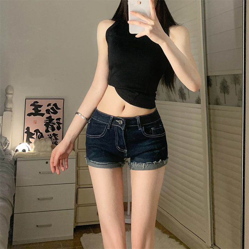 Slightly Fat mm Low-Waist Curled Elastic Denim Shorts for Women 2025 Summer New Large Size Sexy Slimming Look Hip Shorts