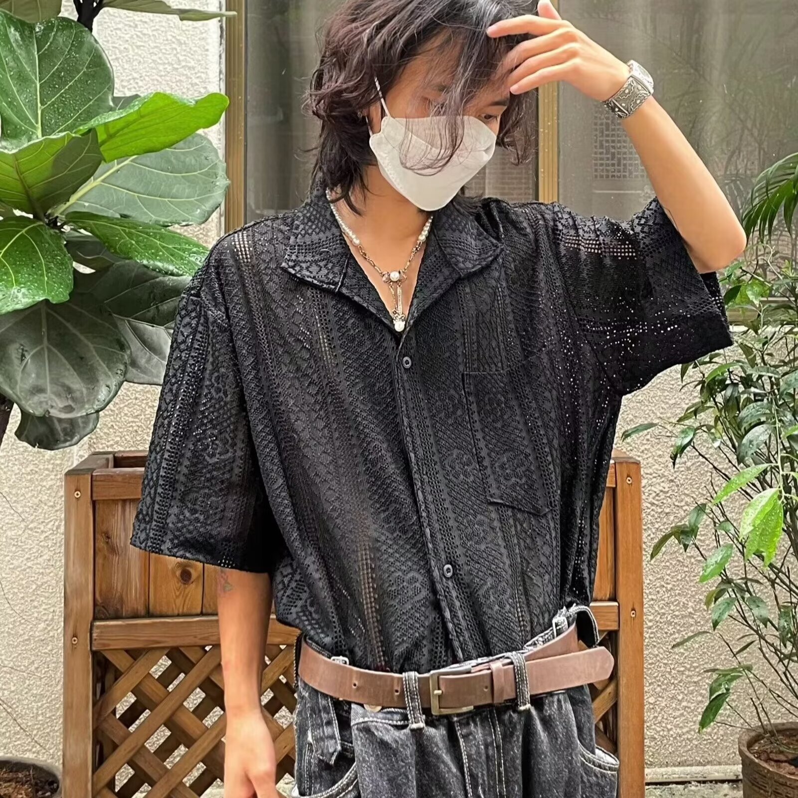 Camisa POLO Cárdigan de solapa de manga corta para hombre, seda de hielo de verano hueca, camiseta casual de negocios británicos, comercio exterior, venta al por mayor transfronteriza