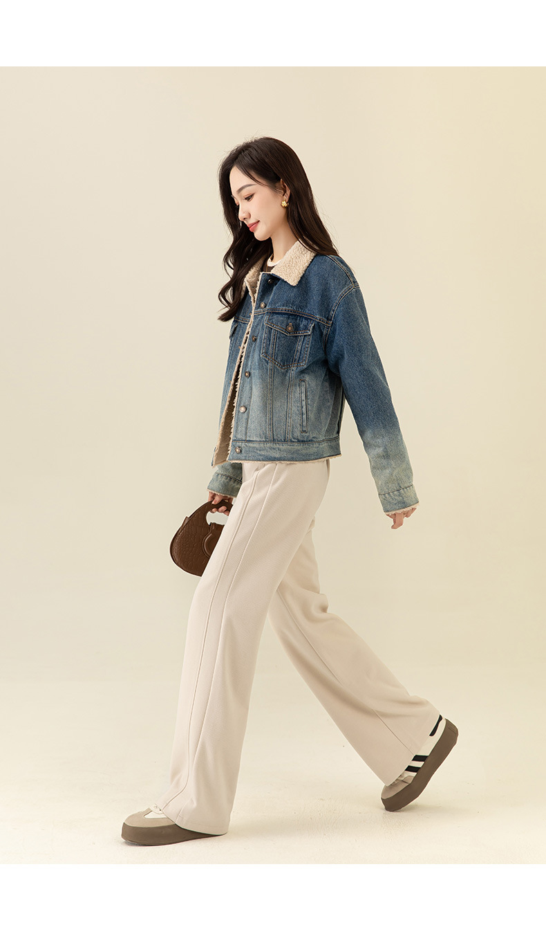 Áo khoác ngắn nữ denim phối màu giả lông cừu, dày dặn giữ ấm — Chuyển dần xanh lam chi tiết 25
