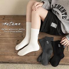 儿童袜子男女童春秋冬ins日韩简约黑白灰字母双针潮袜中筒棉袜