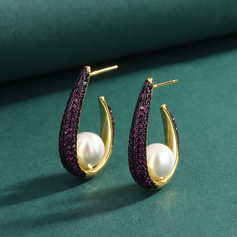 Fashion U Shape Copper Inlay Pearl Zircon Ear Studs 1 Pair
