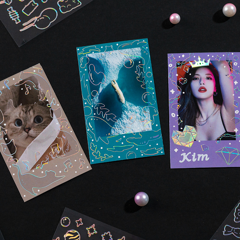 Corea del Sur colorido láser Borde de plata mariposa gato estrella línea pegatinas decorativas DIY mano cuenta Goo tarjeta materiales decorativos