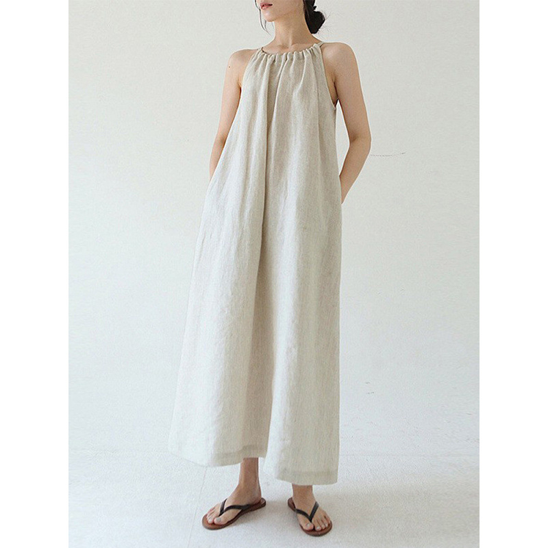【Clearance Sale】Off-shoulder halter neck French style loose-fitting niche mid-length pure linen-cotton camisole dress
