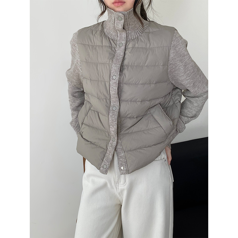 That's Right, Close-Fitting Warm Stove-Style Stand-Up Collar down Jacket for Women, Knitted Patchwork Faux Two-Piece 90% White Duck down Coat Top 2368
