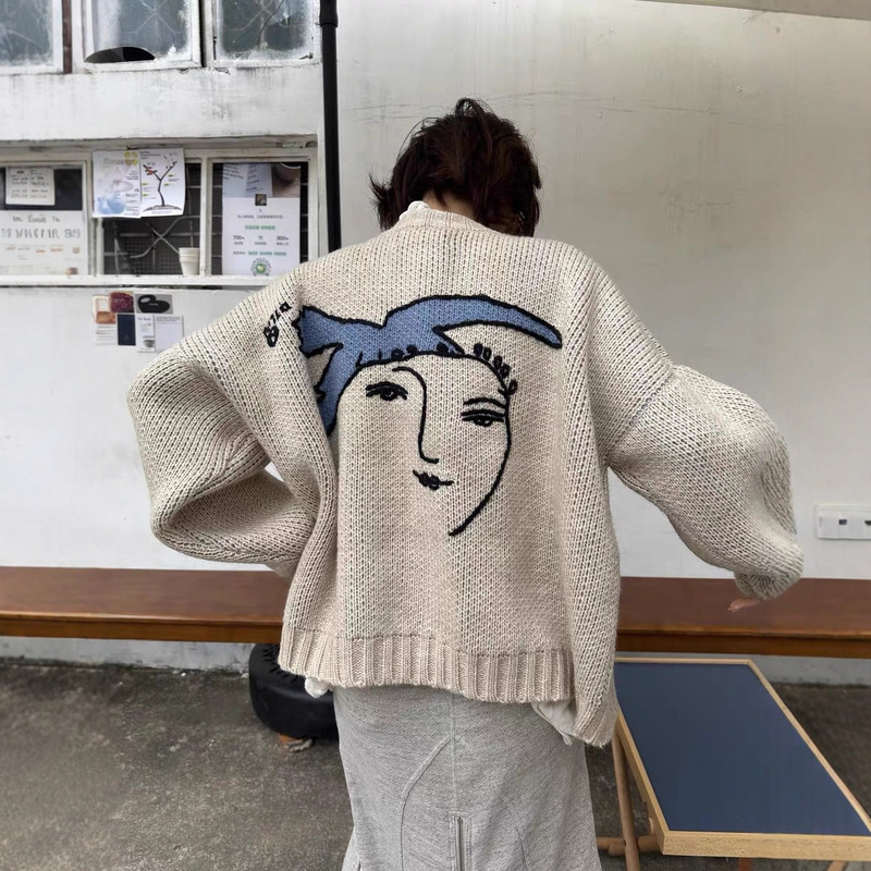 High-Quality Handmade Embroidered Oil Painting Peace Dove Cardigan Sweater for Men, Autumn and Winter Thickened Short Wide Boxy Long-Sleeve Knit Top