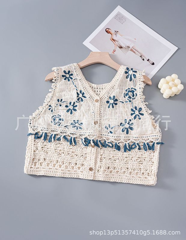 エスニック風ベスト、刺繍レイヤード、ベスト、アーティスティックショートジャケット、タッセルベスト、レトロ|undefined