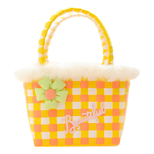 Baby bag Korean vegetable basket portable children's bag Internet celebrity sweet contrasting woven checkerboard girl's bag