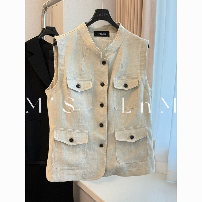2026 High-End Old Money Style Workwear Vest for Women, Plus Size, Multi-Pocket, Stand Collar, Sleeveless Jacket Top