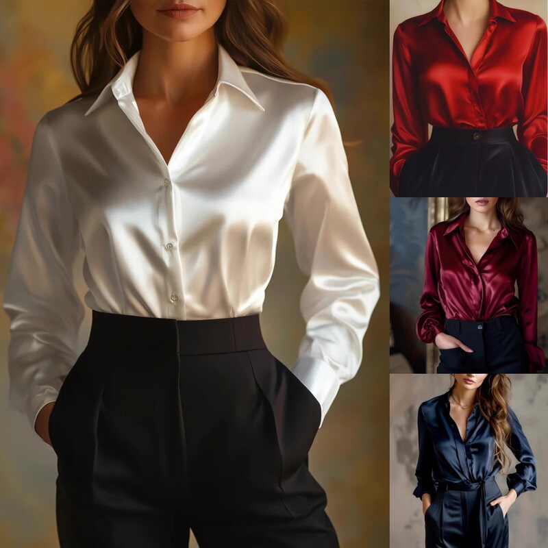 2026 Independent Station Wish Amazon Autumn Solid Color Fashionable Elegant Long Sleeve Button Shirt Women's Clothing