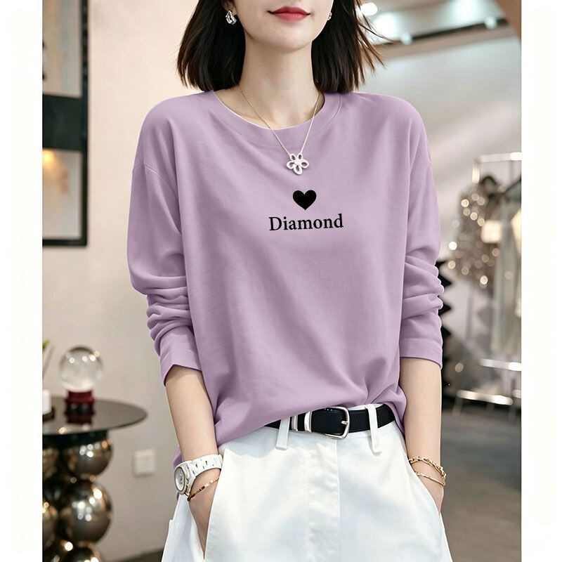 2026 Autumn New Pure Cotton Long Sleeve T-Shirt for Women, Plus Size, Elegant Round Neck, Loose, Fashionable, Casual, Ins-Style Printed Top 2026 Autumn New Pure Cotton Long Sleeve T-Shirt for Women, Plus Size, Elegant Round Neck, Loose, Fashionable, Casual, Ins-Style Printed Top