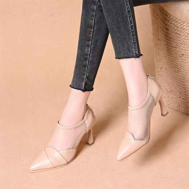 Botas de malla de cuero suave de talón fino 2026 verano nuevo zapato de punta trasero ventilado con cremallera extranjera zapatos de tacones altos