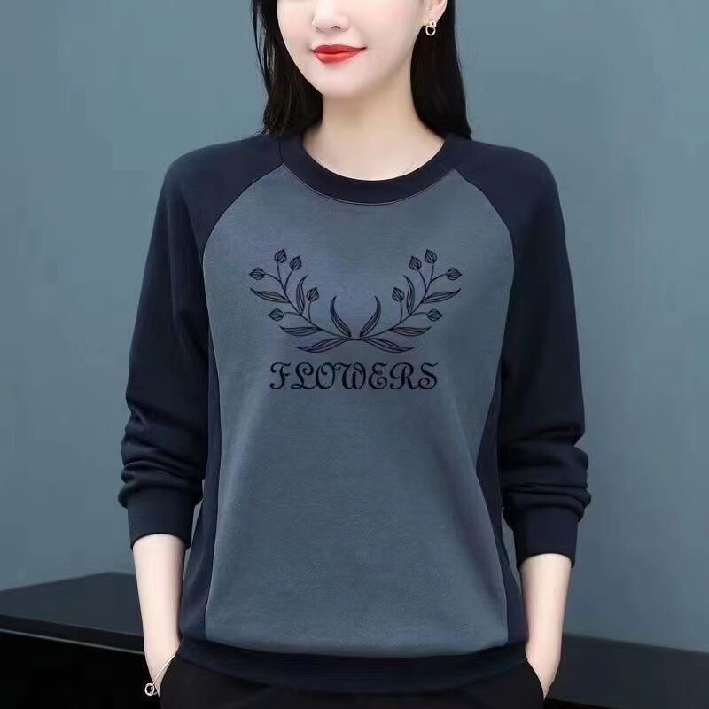 100% Cotton Long-Sleeved T-Shirt for Women Spring & Fall New Mother's Wear Loose Printed Round Neck Large Size Bottoming Shirt Trendy Top