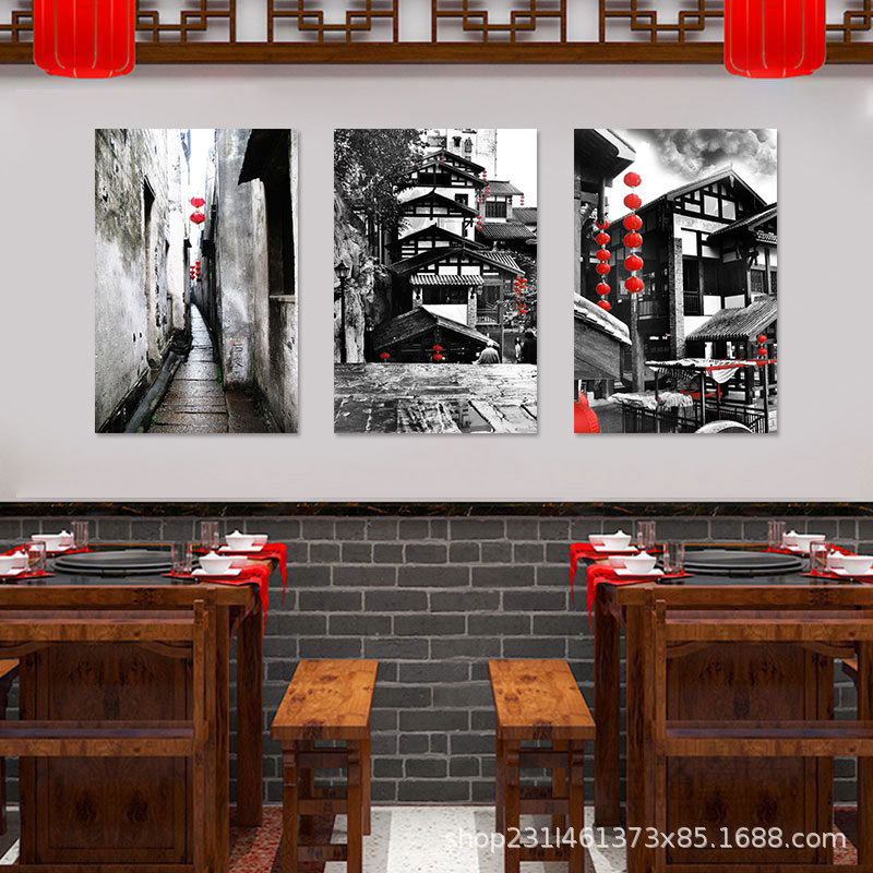 Old Chongqing hot pot restaurant decorative painting black and white old photo retro nostalgic farmhouse restaurant Box Background sticker painting